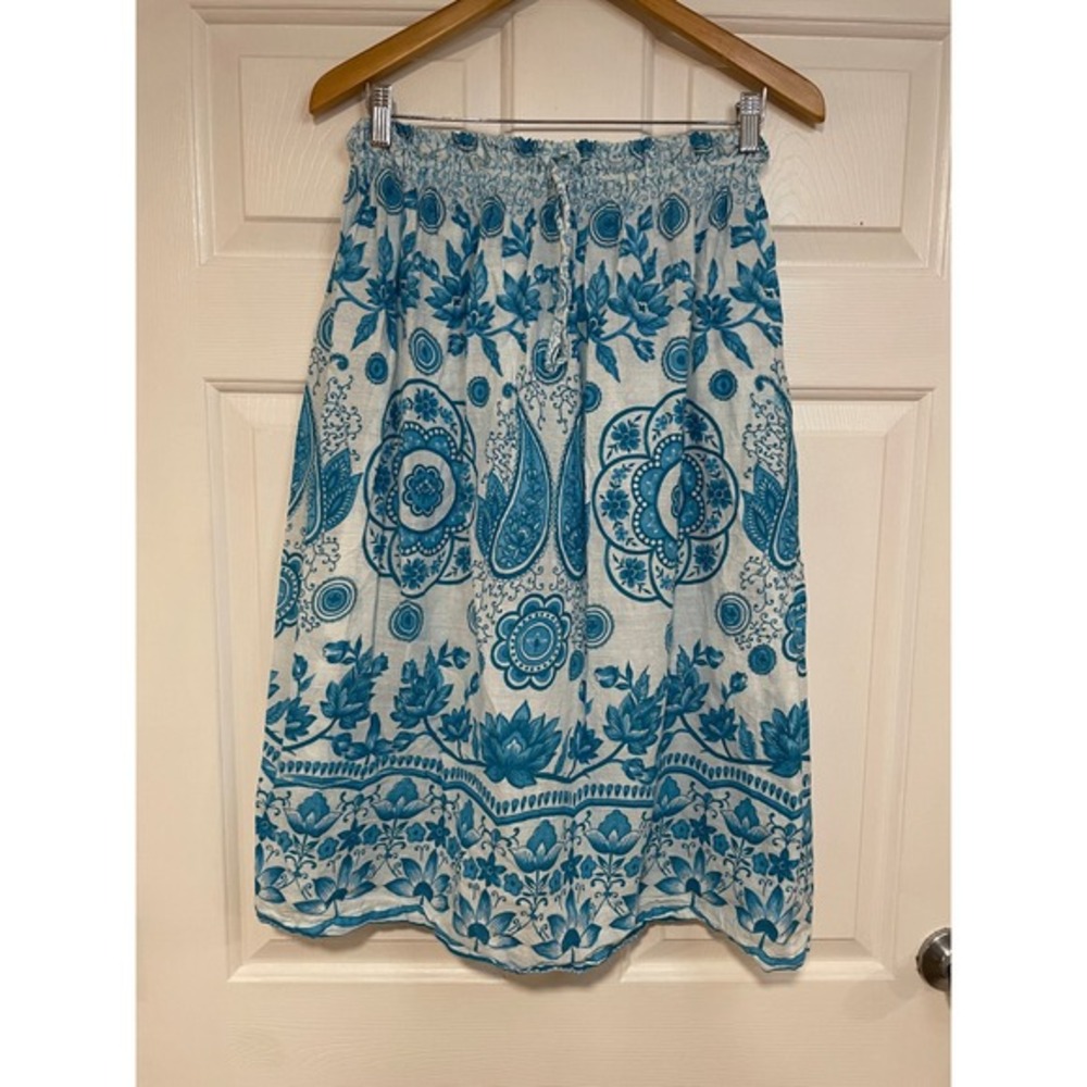 VTG 80s Nina Leslie Cotton Skirt Blue White Floral Paisley Boho Summer Flowy OS